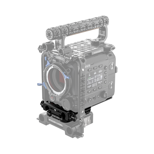 fujifilm eterna 55 camera body with wooden camera handle and base plate on a white background