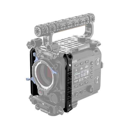 fujifilm eterna 55 front camera body with wooden camera side rail kit on a white background